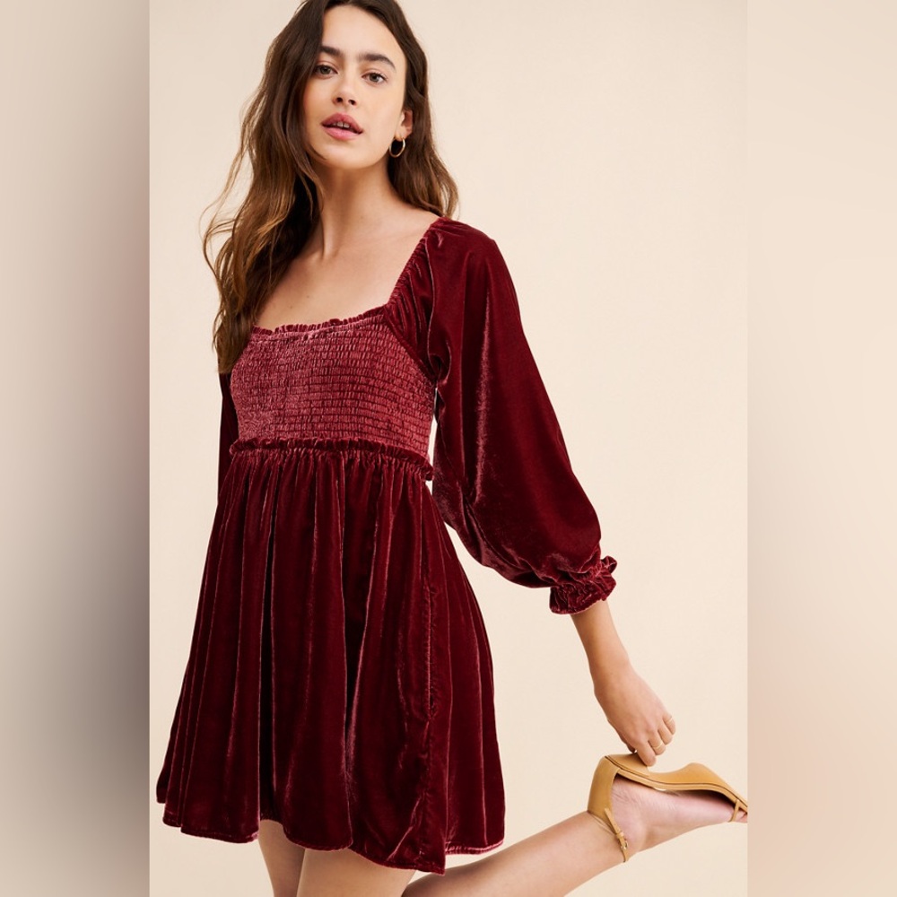 Free People Velvet Smocked Bodice Maxi Dress - Wine